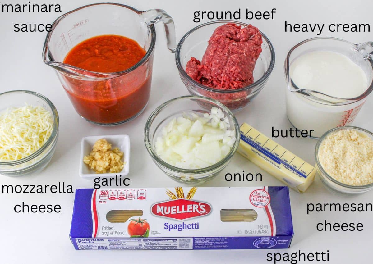 marinara sauce, ground beef, heavy cream, mozzarella cheese, garlic, onion, butter, spaghetti noodles and parmesan cheese on a white background