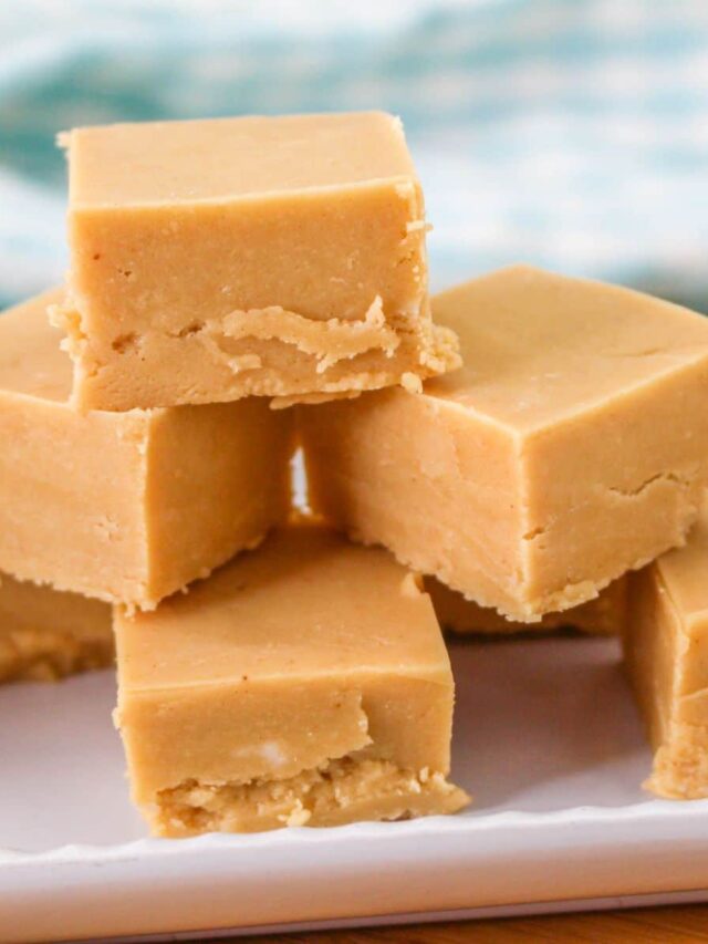 stack of peanut butter fudge on a white plate