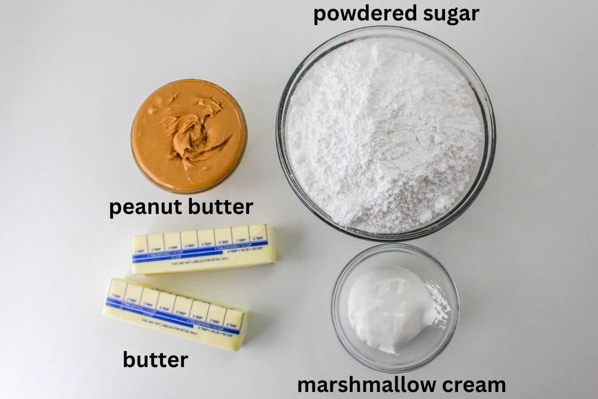 peanut butter, butter, marshmallow cream, and powdered sugar on a white background