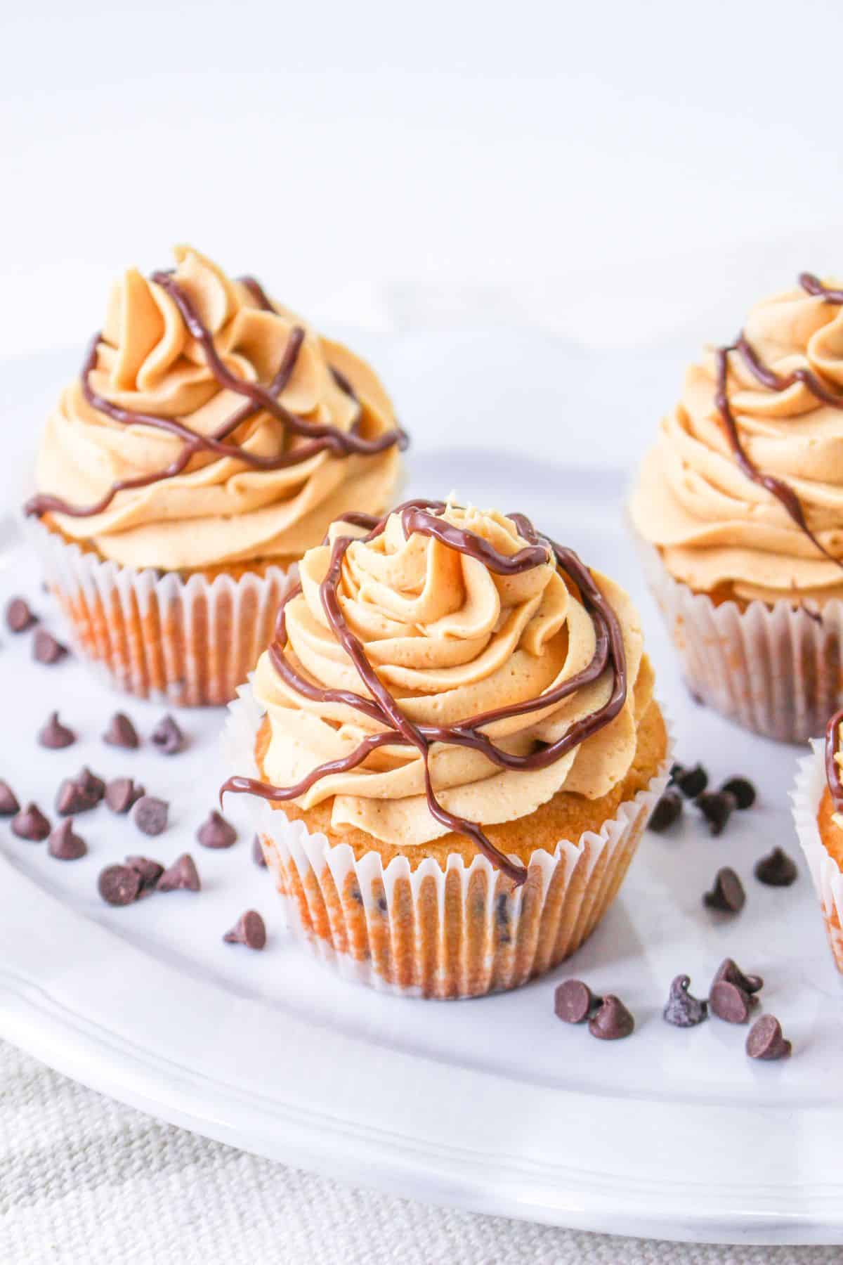 peanut butter chocolate chip cupcakes on a white plate with chocolate chips sprinkled on it.
