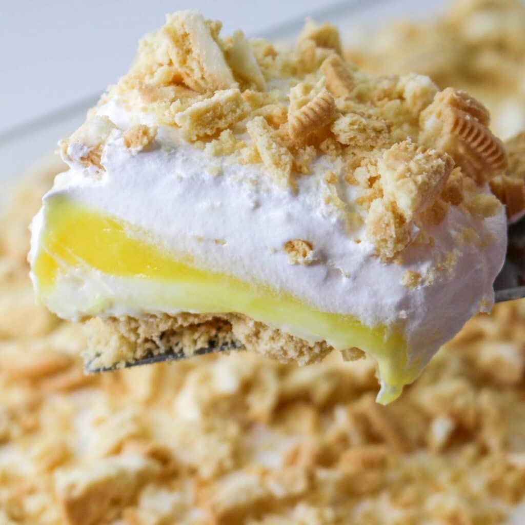 slice of lemon lasagna on a white plate