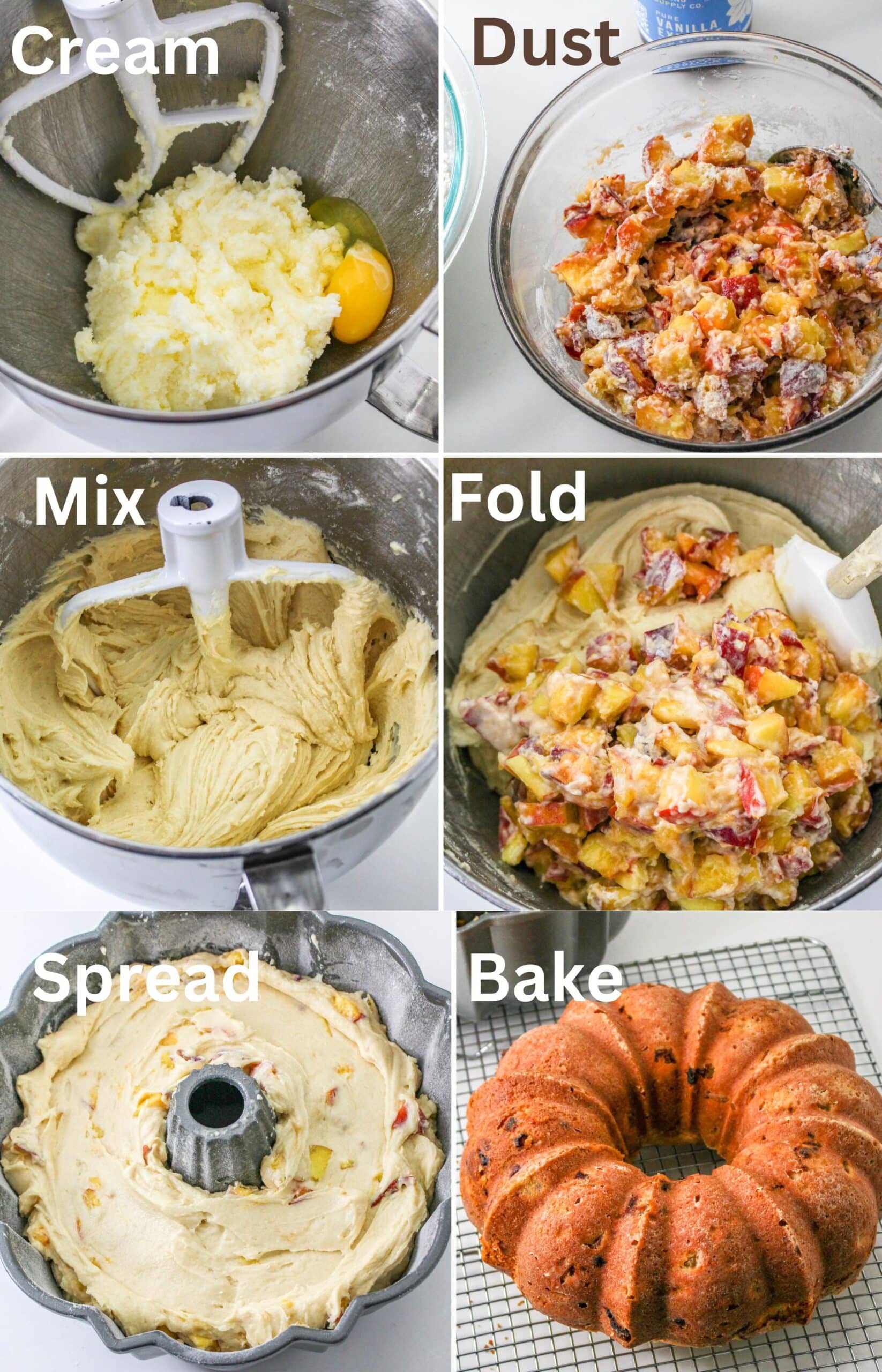 images of peach cobbler pound cake being made and baked