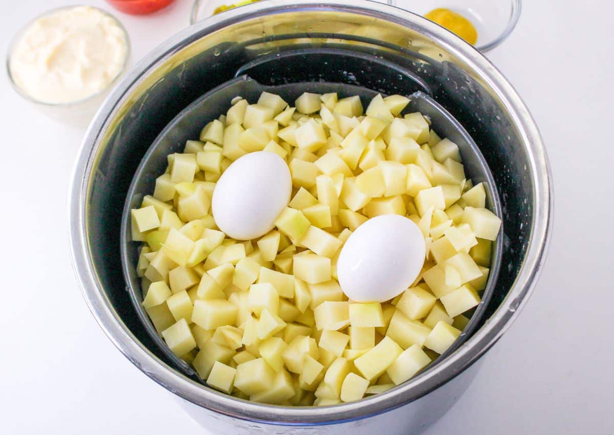 potatoes and eggs in a pot for the instant pot