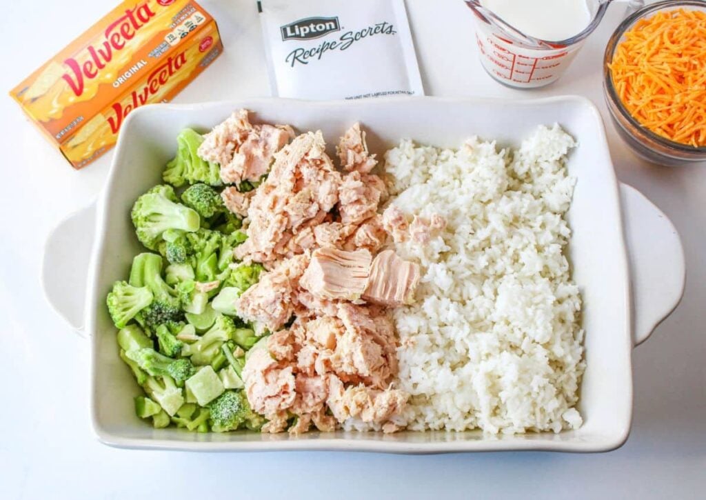frozen broccoli, canned chicken, rice, added to a casserole dish