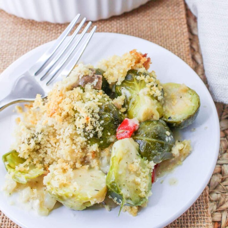 scoop of brussels sprouts casserole on a plate.