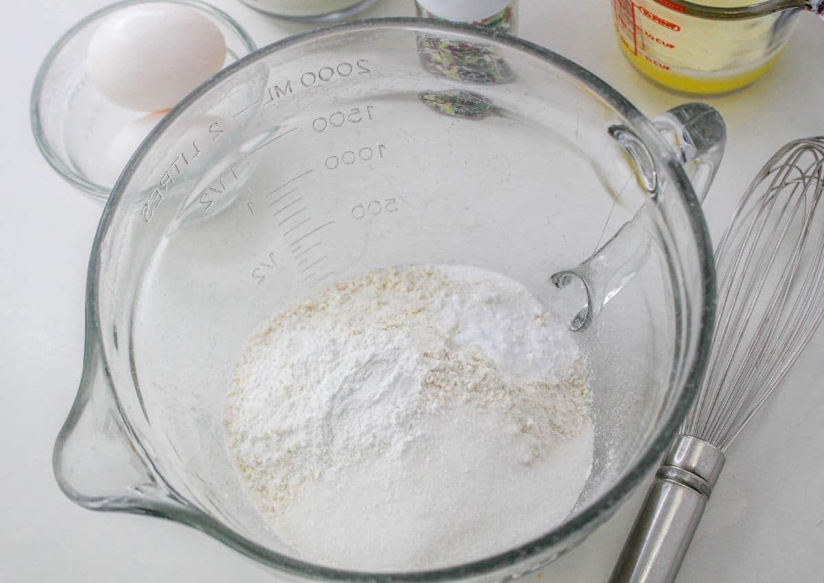 bowl of flour, salt, baking powder, and baking soda.
