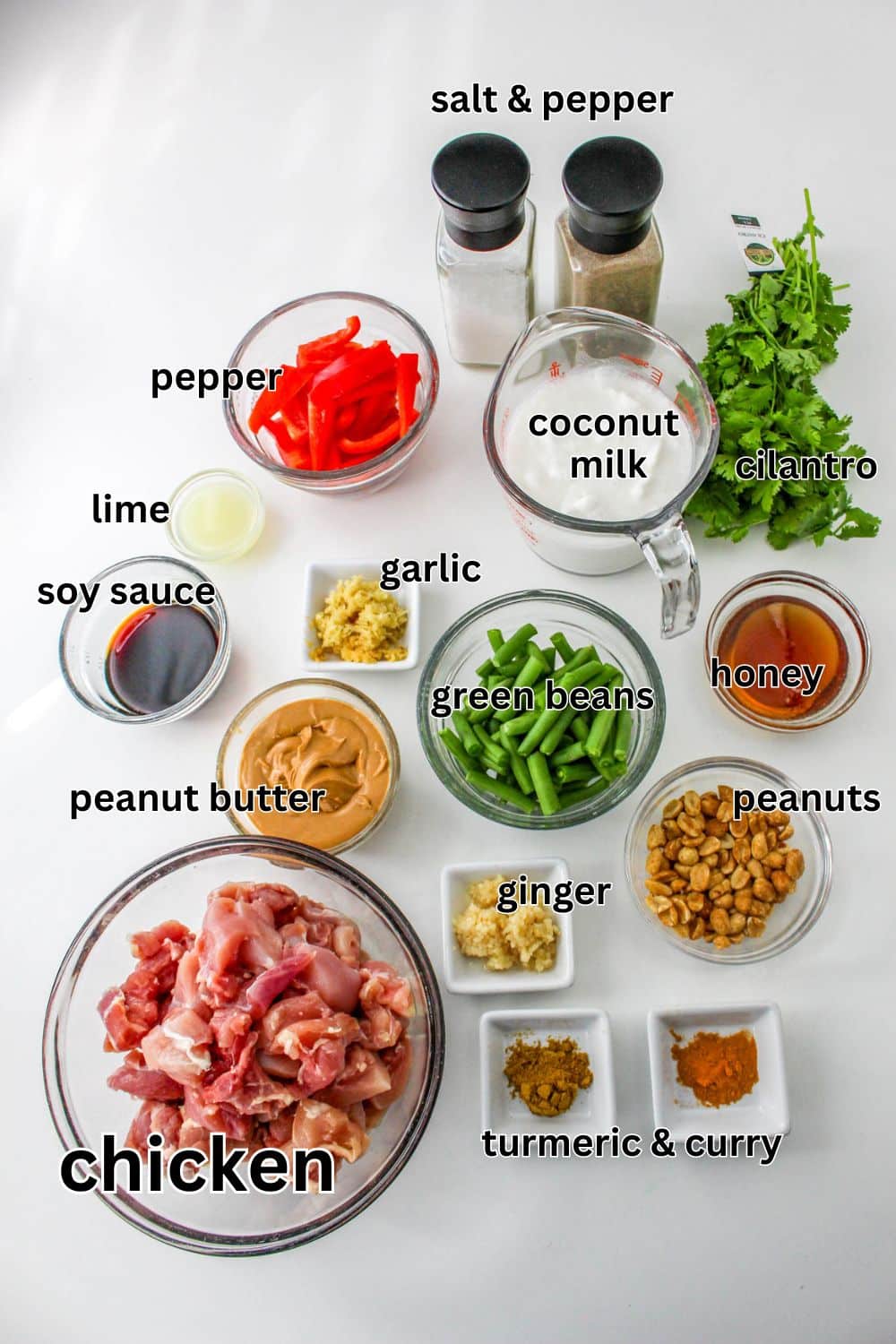 Slow Cooker Chicken Satay ingredients in small bowls on table - chicken, curry, turmeric, honey, green beans, salt and pepper, red peppers, cilantro, soy sauce, peanut butter, garlic, etc.