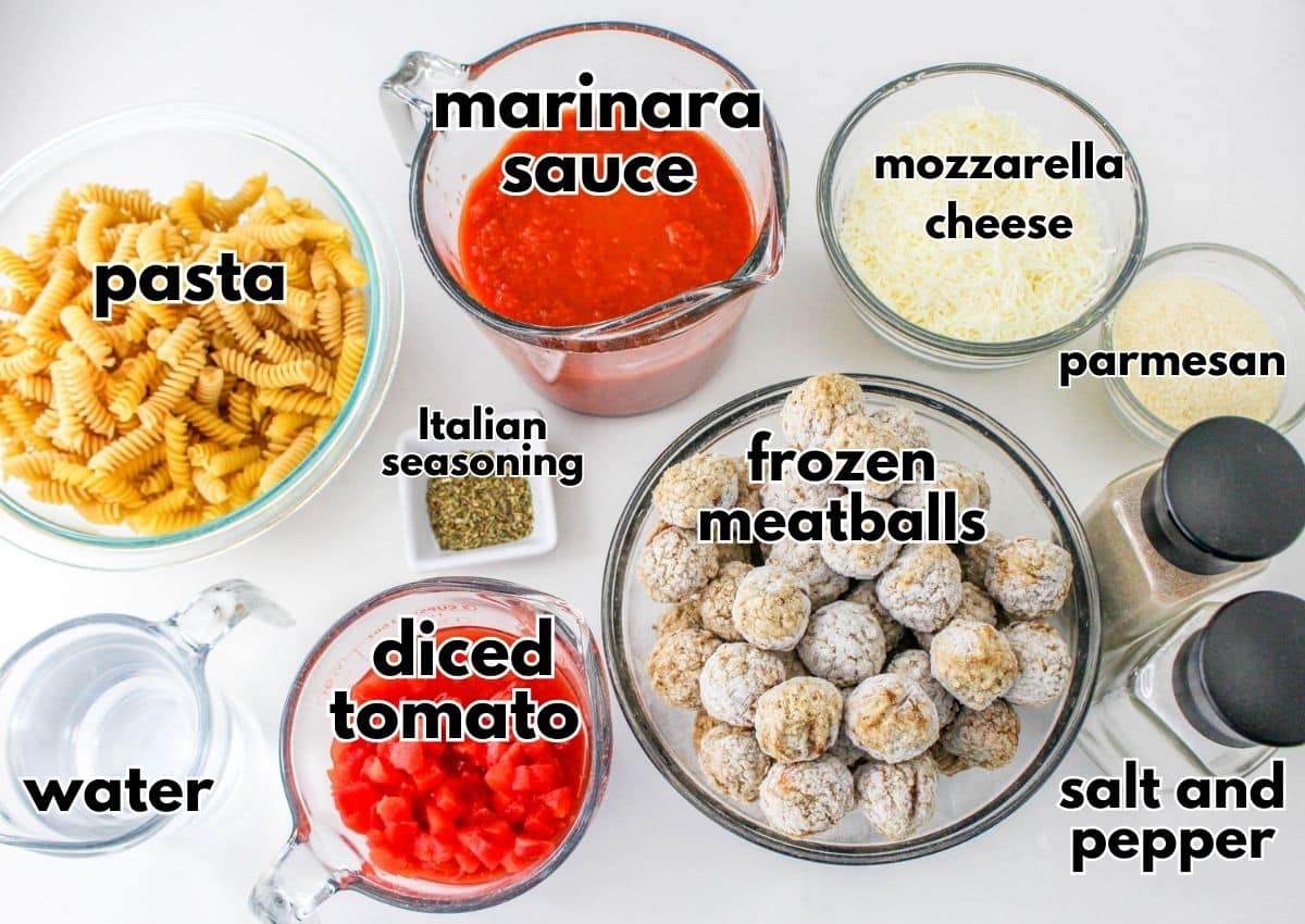 bowls of pasta, marinara sauce, cheese, meatballs, tomatoes, water, and italian seasoning on counter