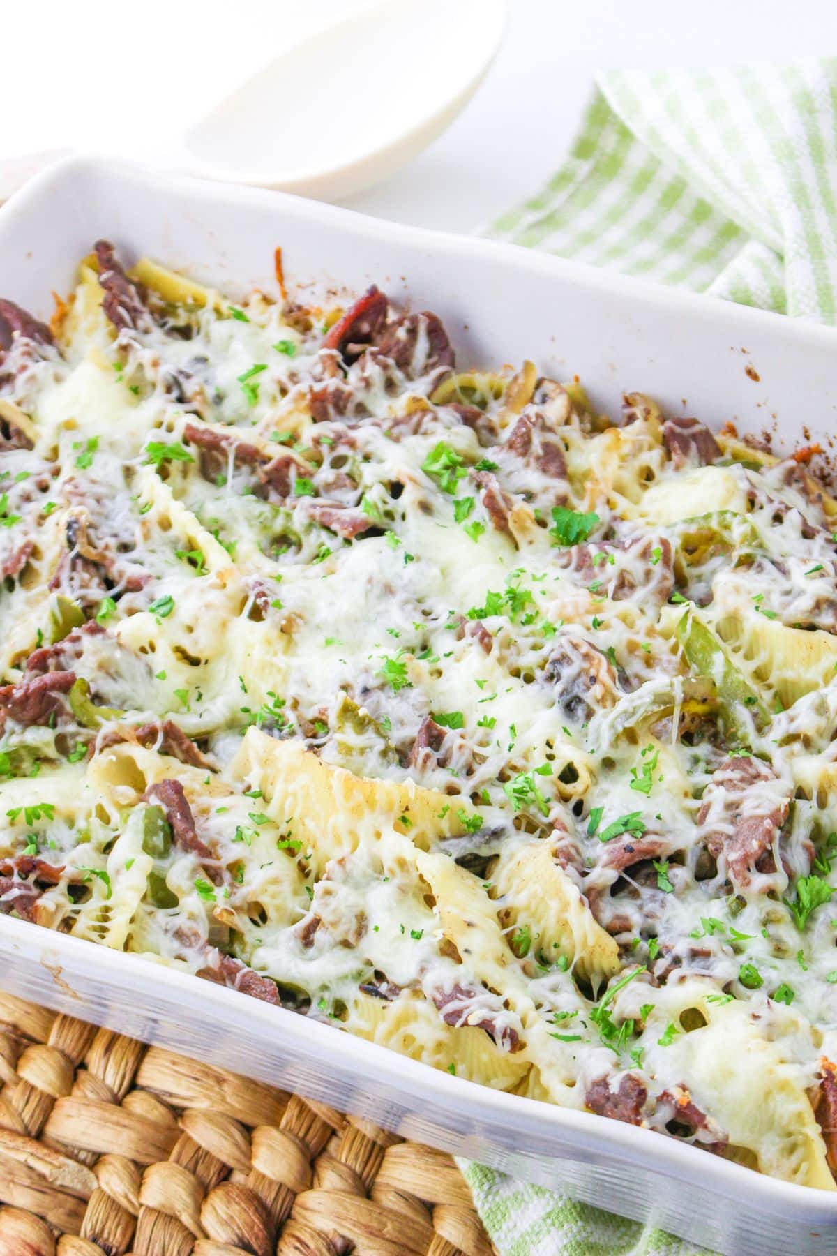 philly cheesesteak casserole in a baking dish.