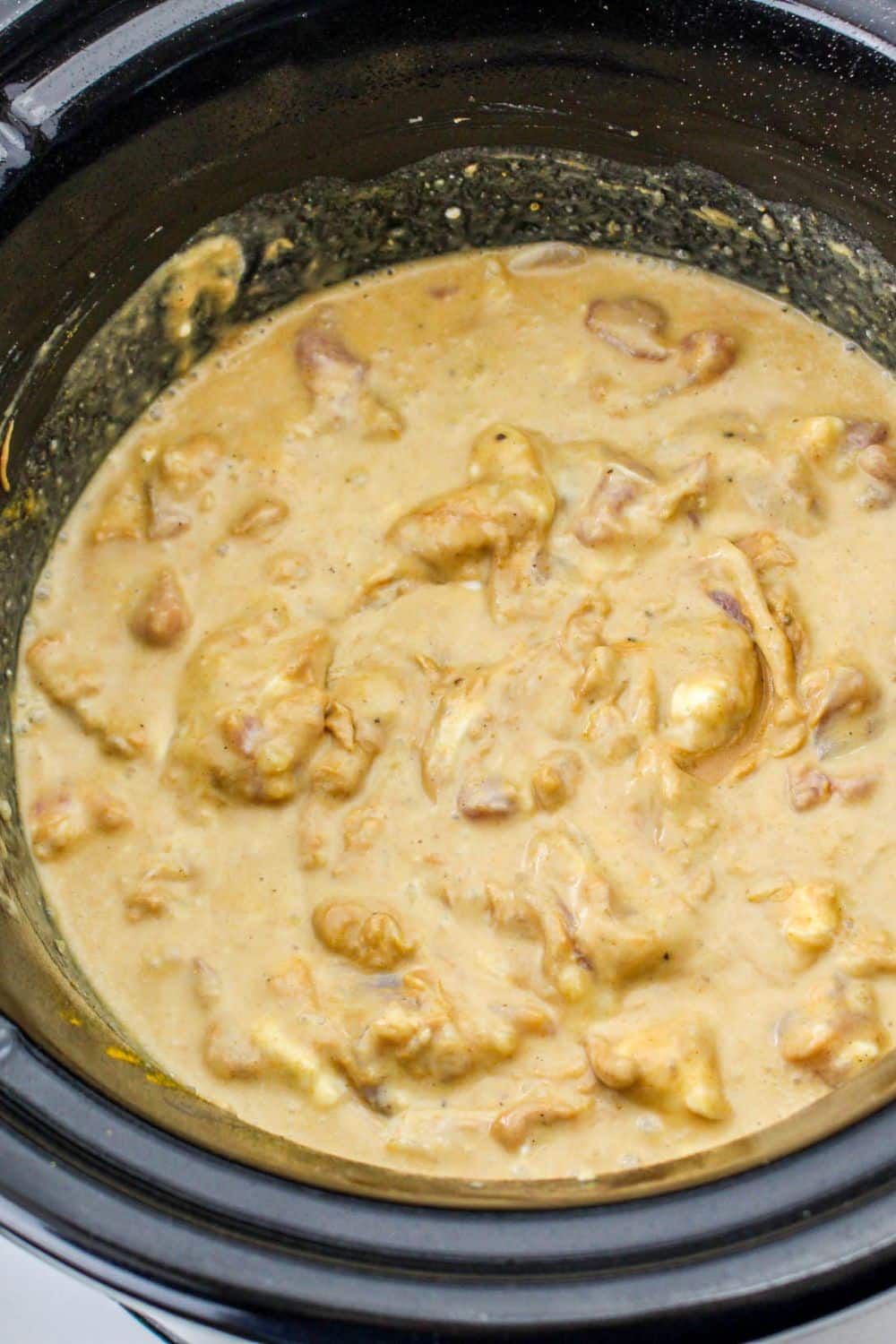 chicken satay mixture in a slow cooker on table