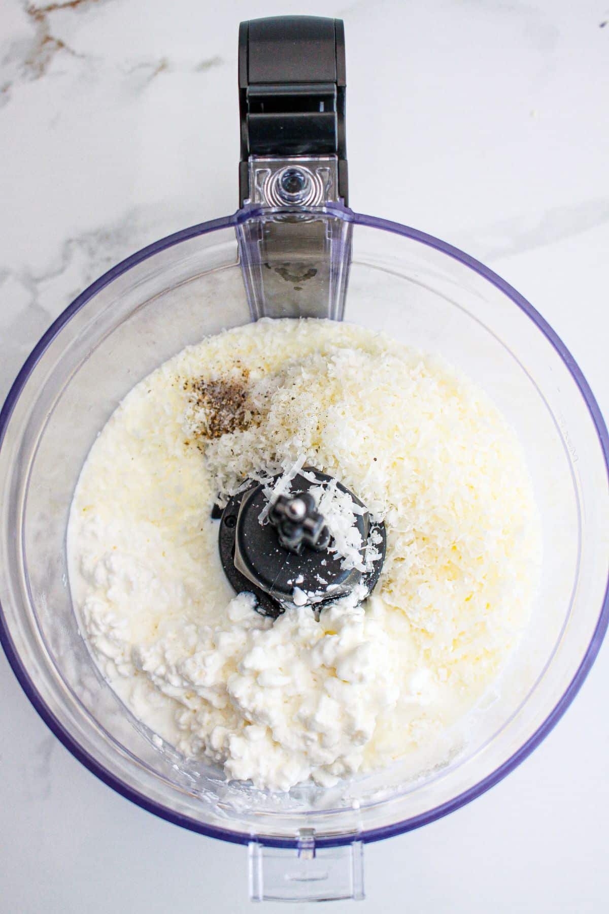 cottage cheese, parmesan cheese, salt and pepper being blended in a food processor.