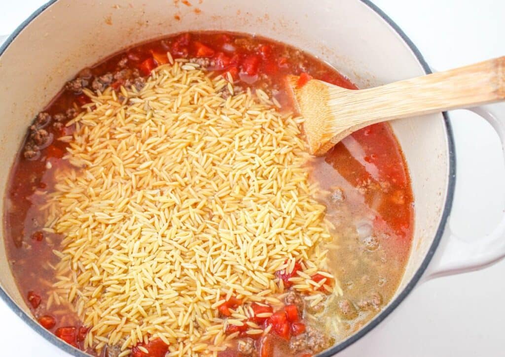 Ground Beef and Orzo Skillet - Mama's On A Budget