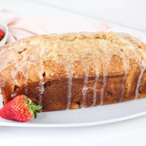 strawberry pound cake on a serving platter.