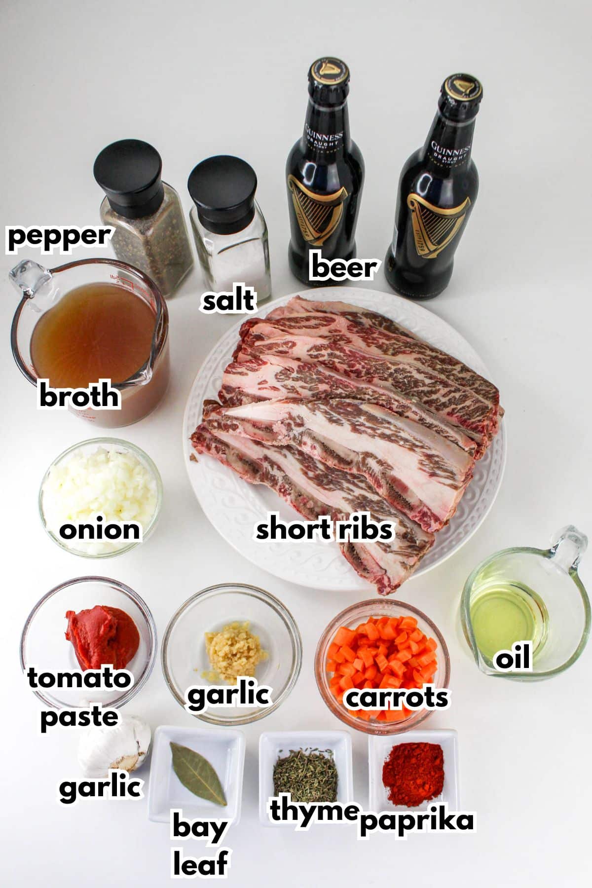 ingredients needed to make beer braised short ribs on a counter ready to cook.