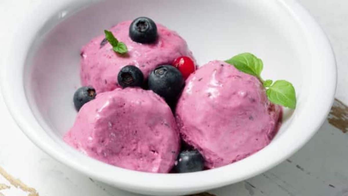 A bowl of fresh berry ice cream made with cottage cheese.
