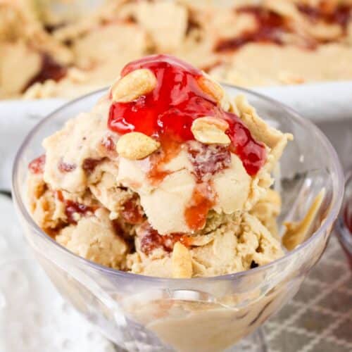 small bowl filled with peanut butter and jelly ice cream and topped with peanuts.