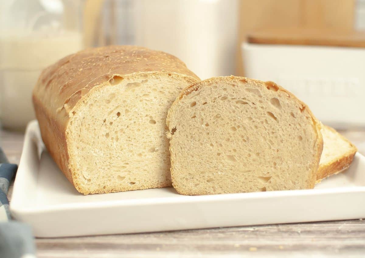 sourdough sandwich bread on a platter.