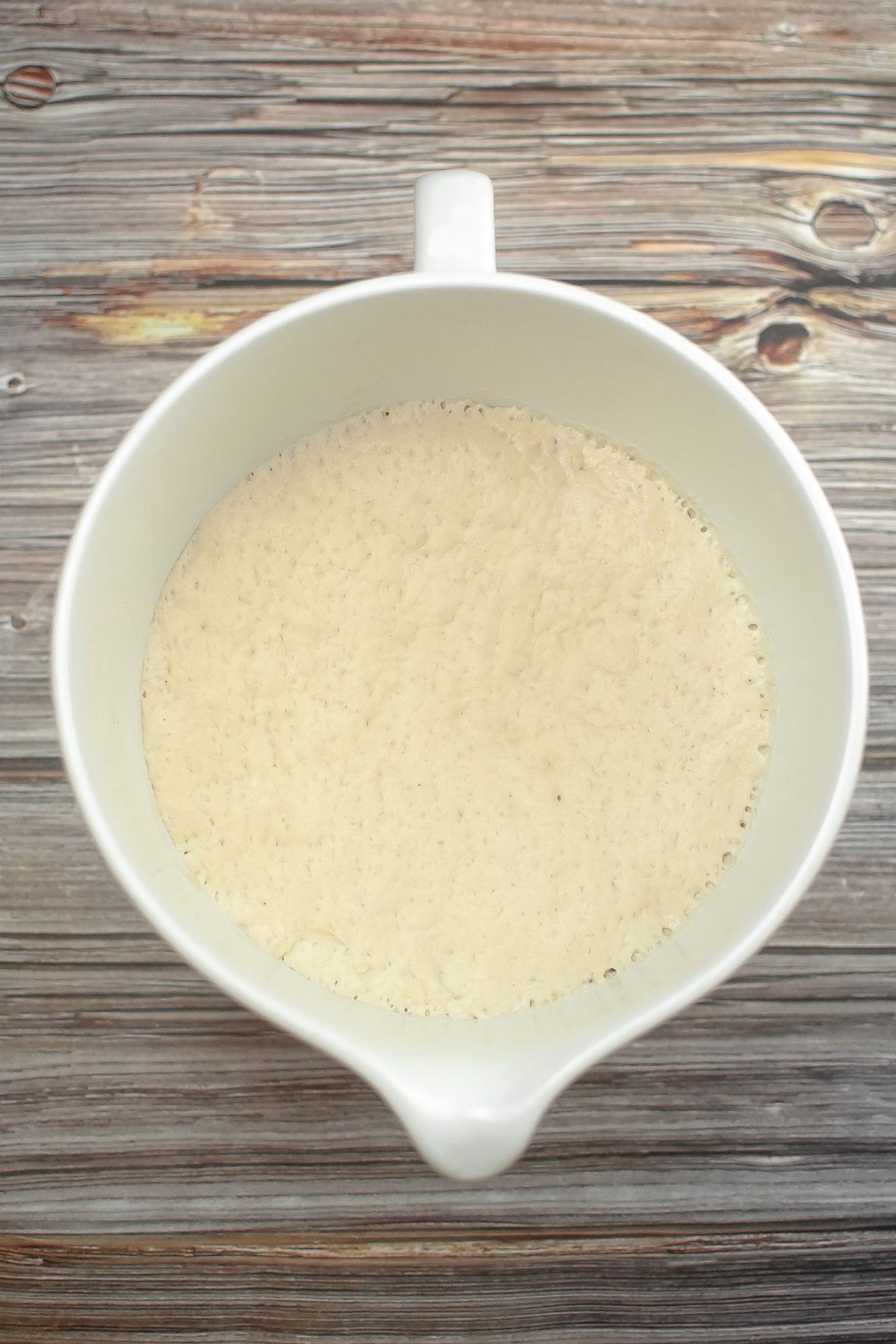 sourdough bread dough rising in a mixing bowl.