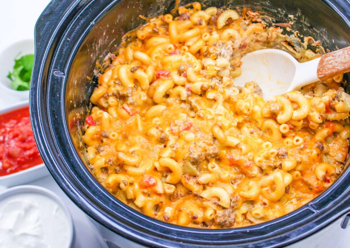taco mac and cheese in a slow cooker.