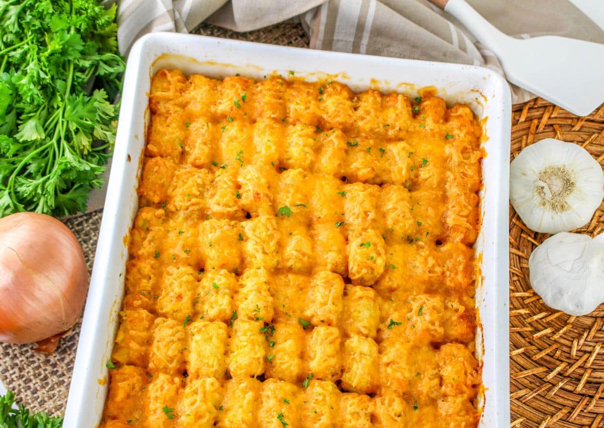 baked shepards pie with tater tots in a casserole dish.