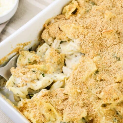 a spoonful of chicken tortellini casserole being removed from the casserole dish.