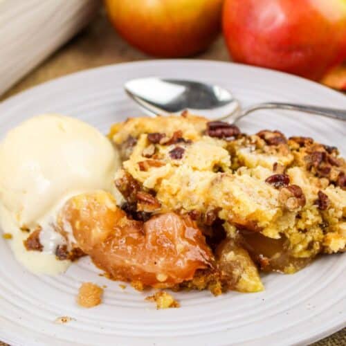 Apple Cobbler Cake with ice cream on a plate