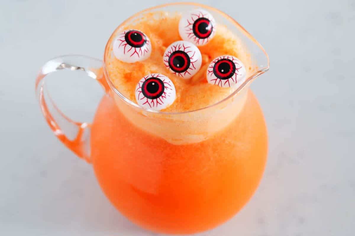 Halloween Punch with Orange Sherbet with eyeballs on top