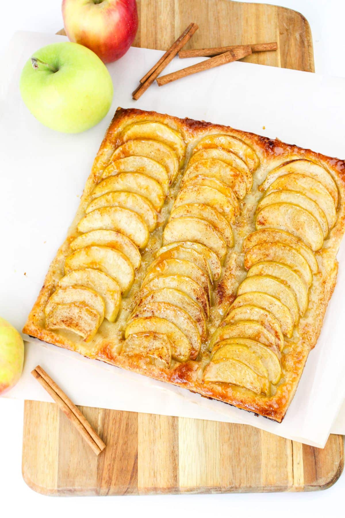 Puff Pastry apple tart cooked on a cutting board