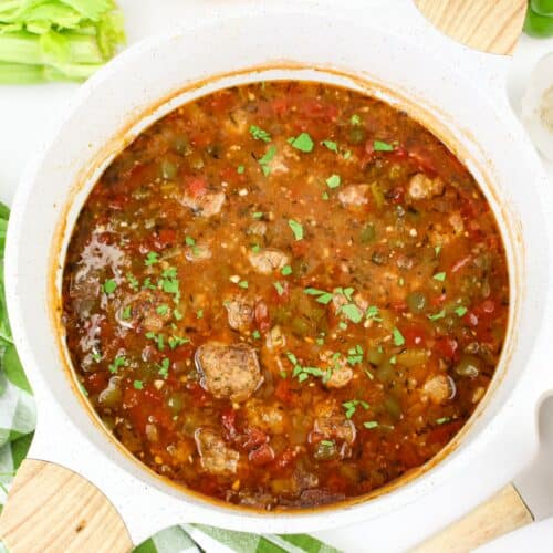 Cajun Meatball Stew in pot