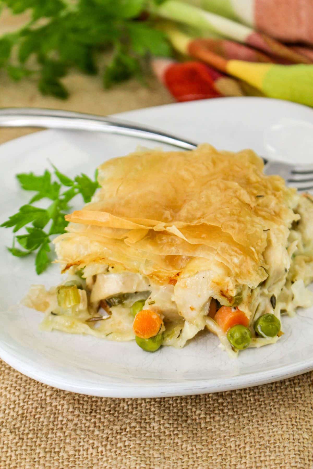 Chicken Pot Pie with Phyllo Dough on a plate