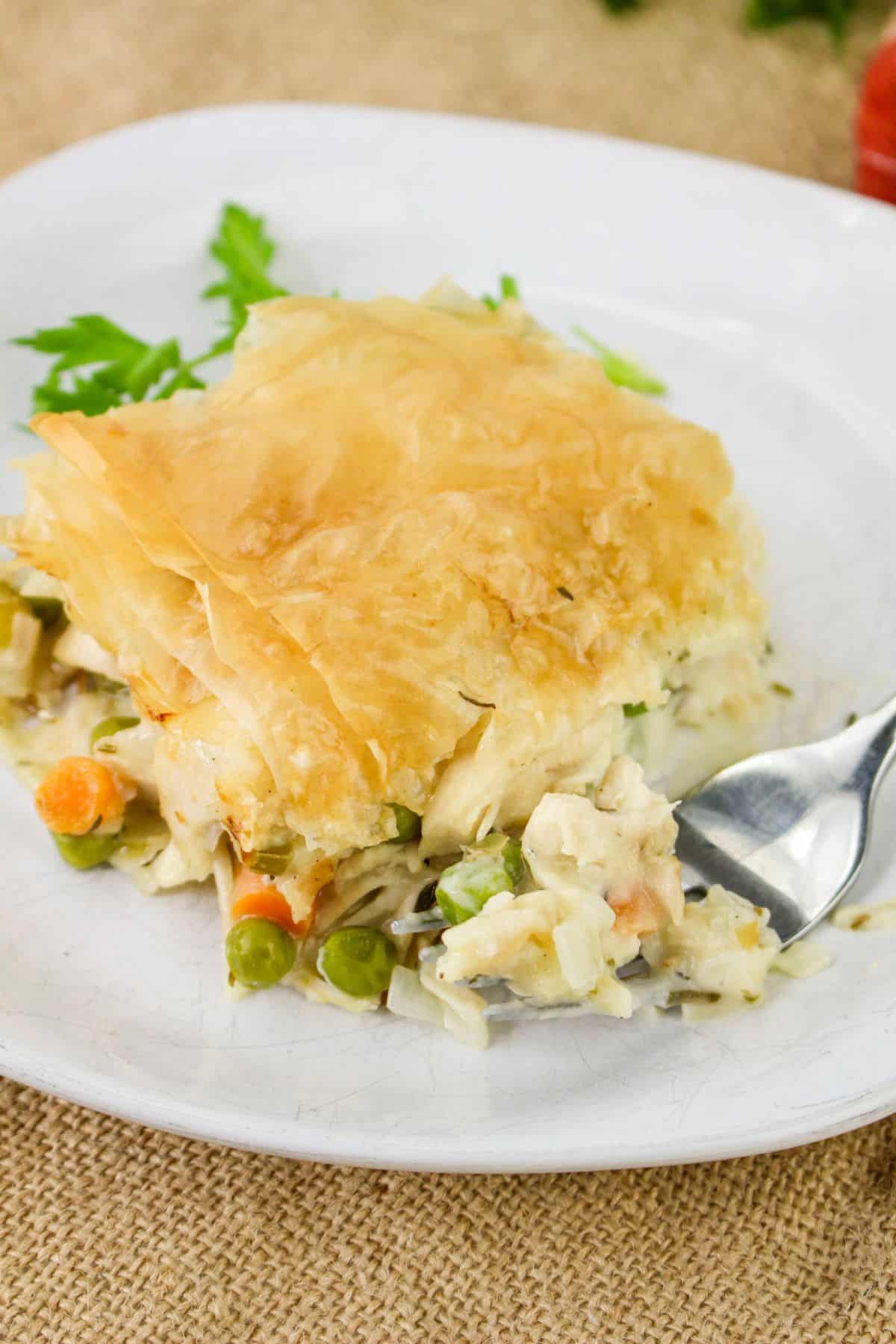 Chicken Pot Pie with Phyllo Dough bite on fork