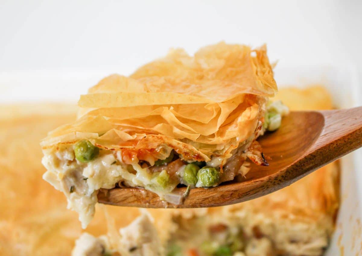 Chicken Pot Pie with Phyllo Dough on wooden spoon