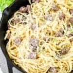 Creamy Steak Fettuccine in skillet