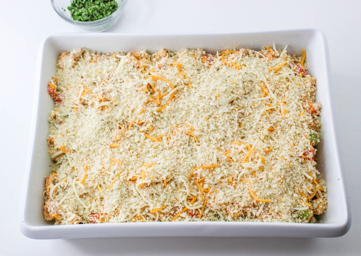 casserole topped with cheese and panko breadcrumbs.