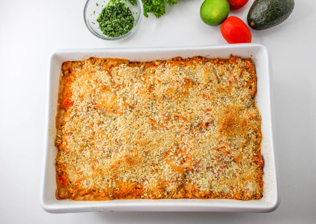 casserole topped with cheese and panko breadcrumbs cooked