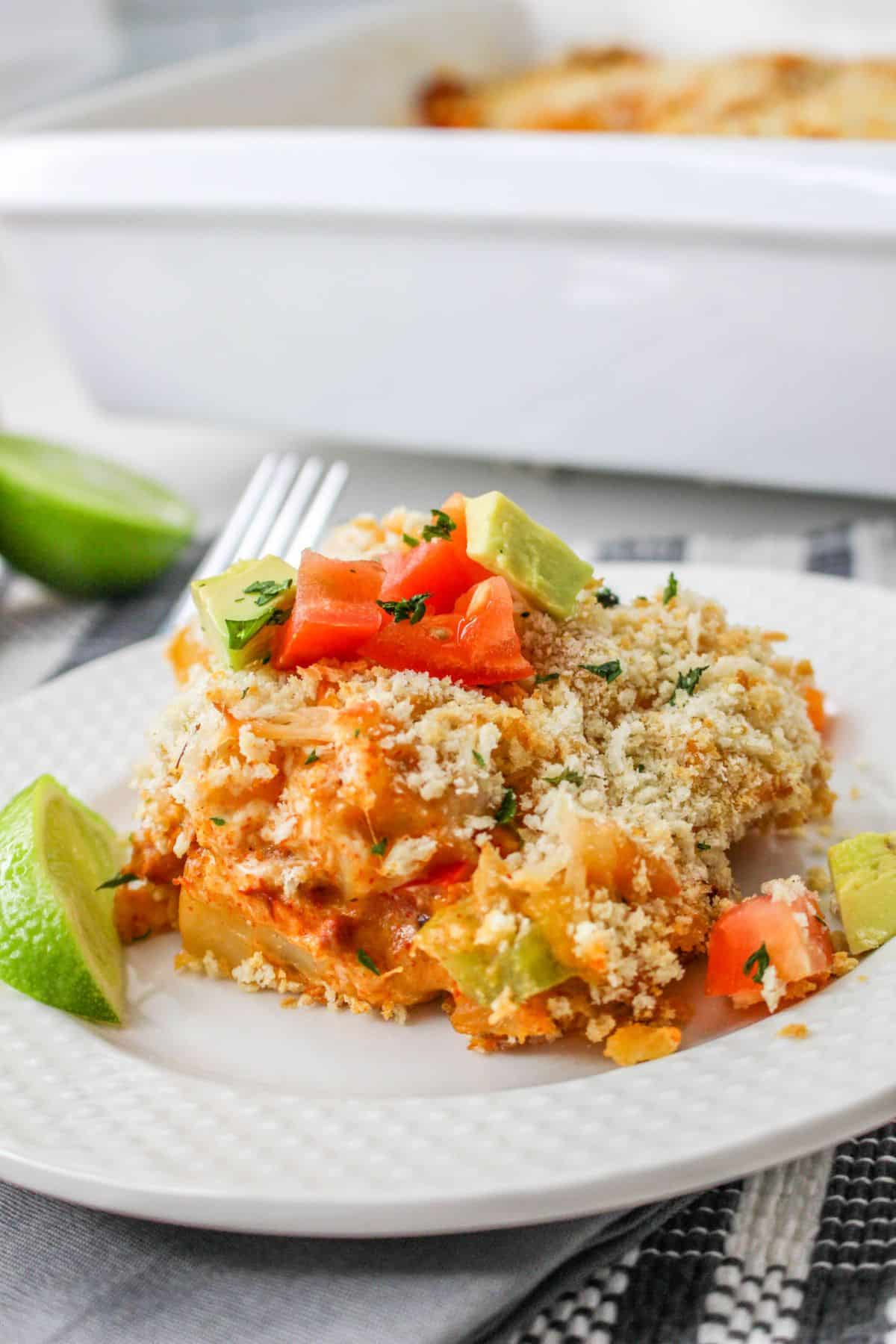 Chorizo Breakfast Casserole on a plate with a lime