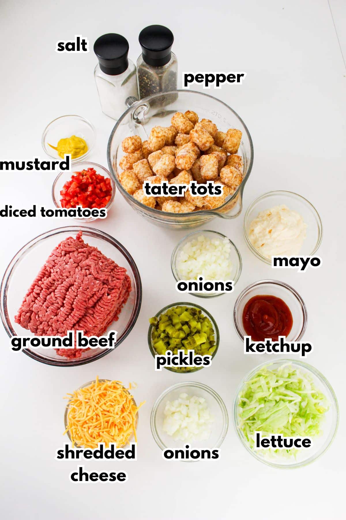 Ingredients needed to make tater tot casserole on a counter.