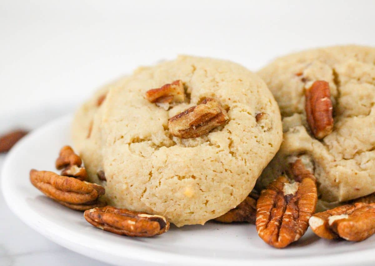 Butter pecan cake mix cookies on a serving platter.