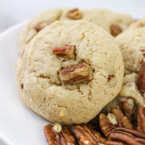 Butter pecan cake mix cookies on a serving platter.