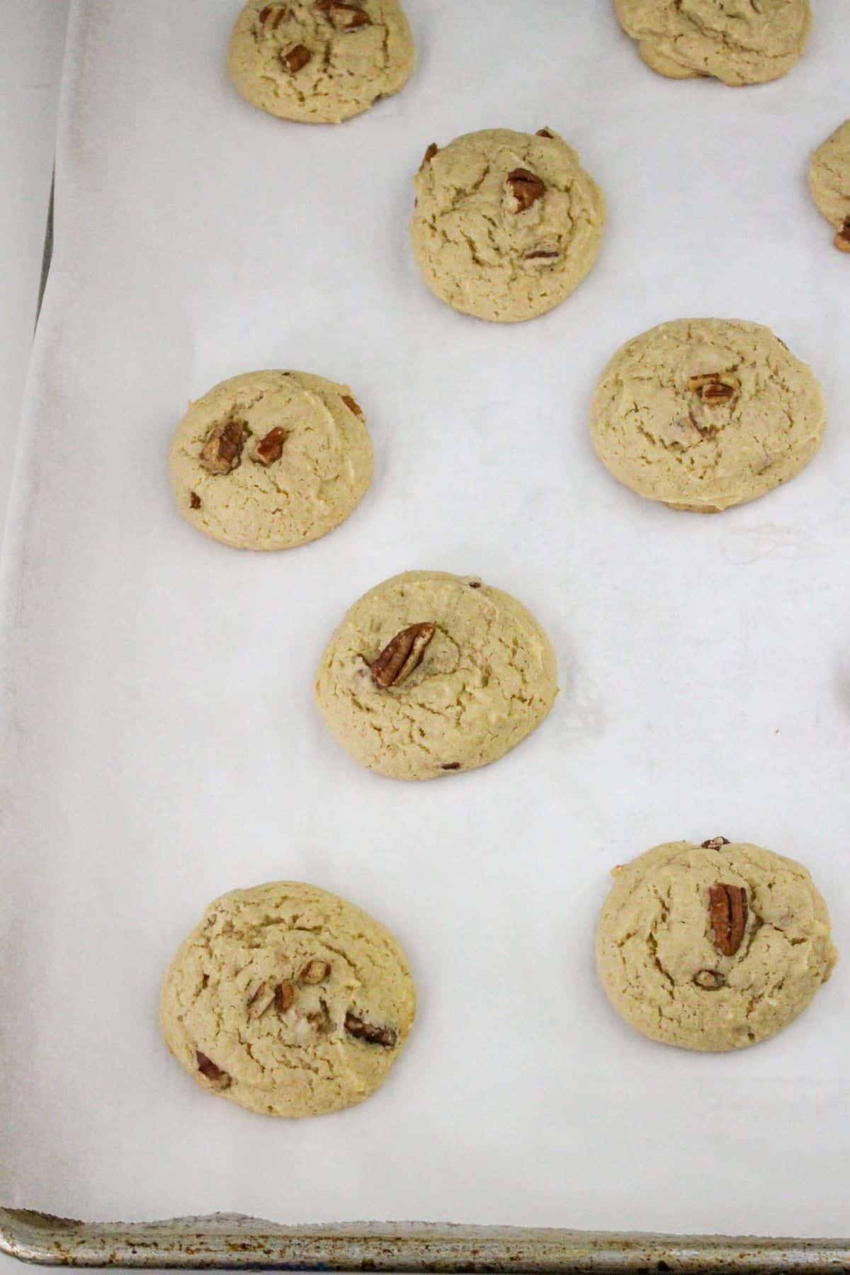 Cookies cooling on a baking sheet fresh out of the oven.