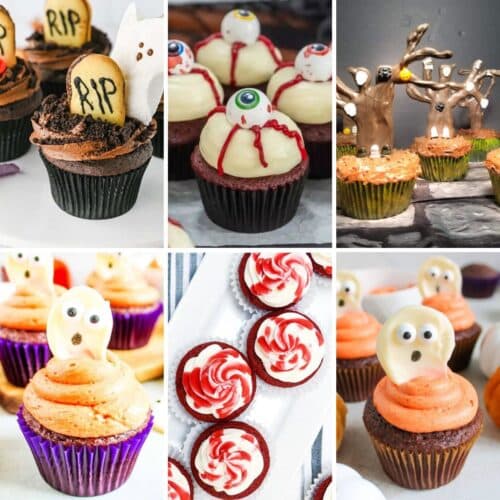 Six different halloween cupcakes on a table.