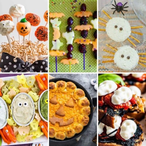 Six differnt halloween appeizier recipes on a table.