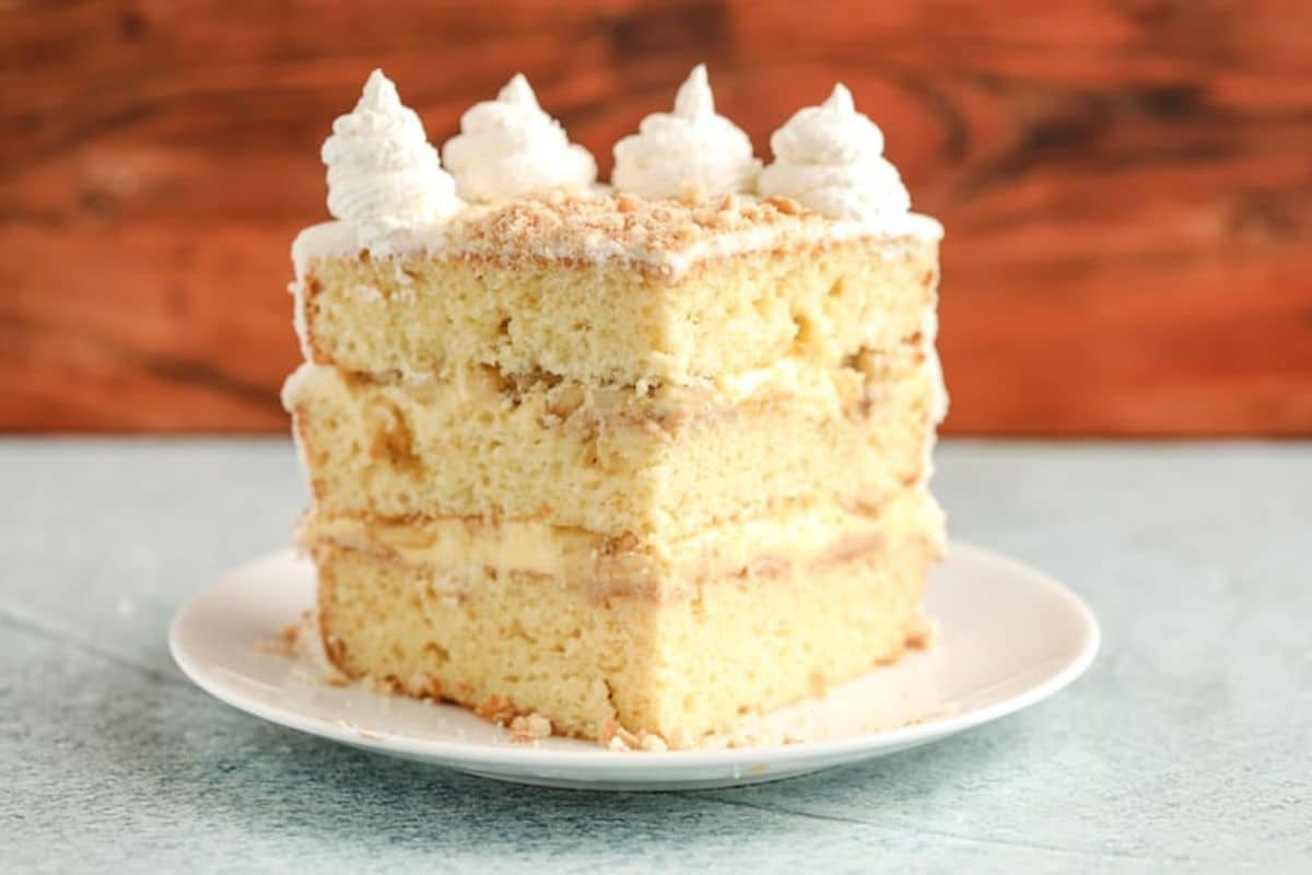 Slice of Banana Pudding Cake on a plate