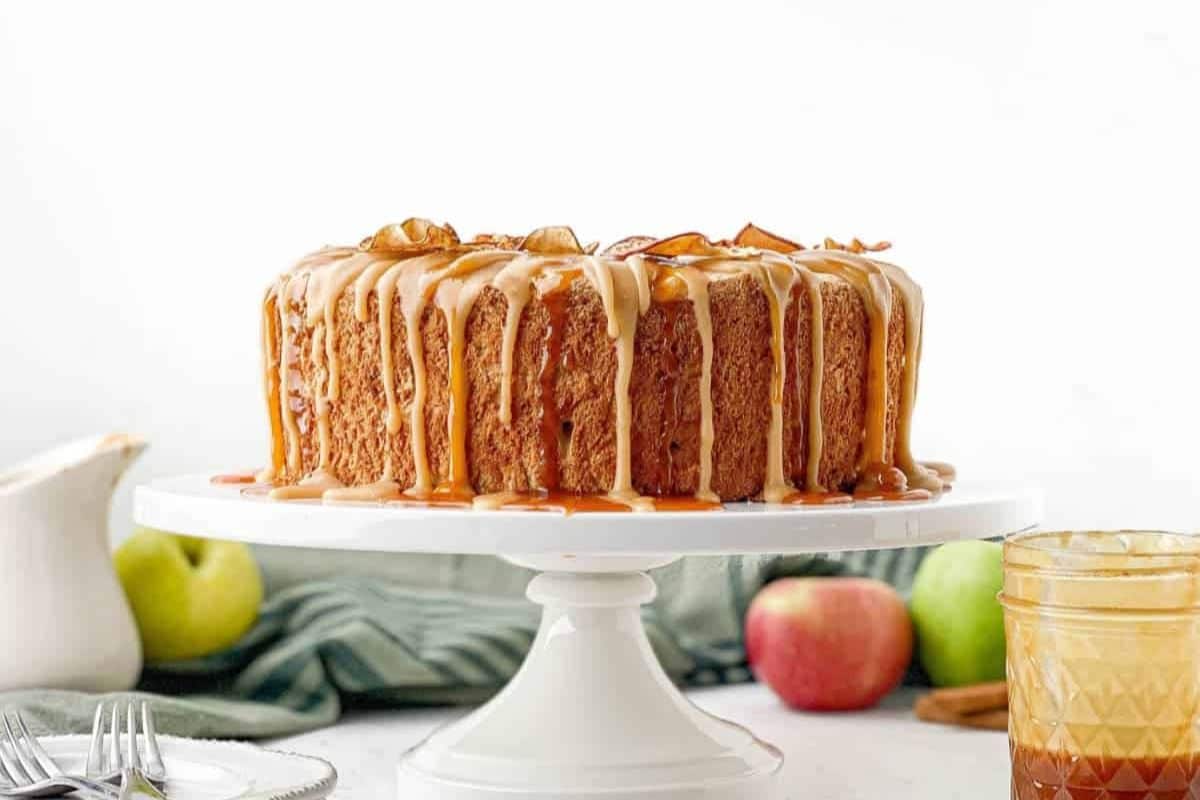 Caramel Apple Angel Food Cake on a cake dish