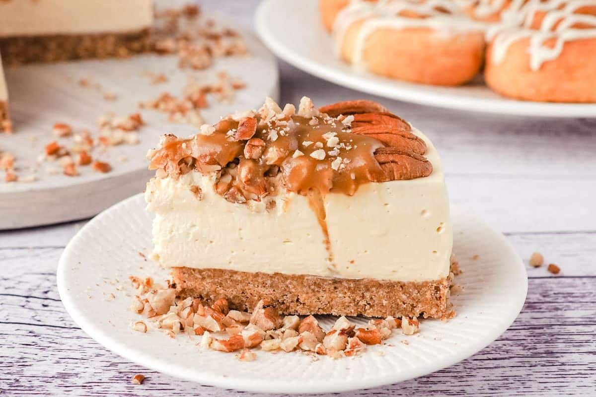 creamy vanilla cheesecake filling topped with roasted pecans and luscious caramel topping.