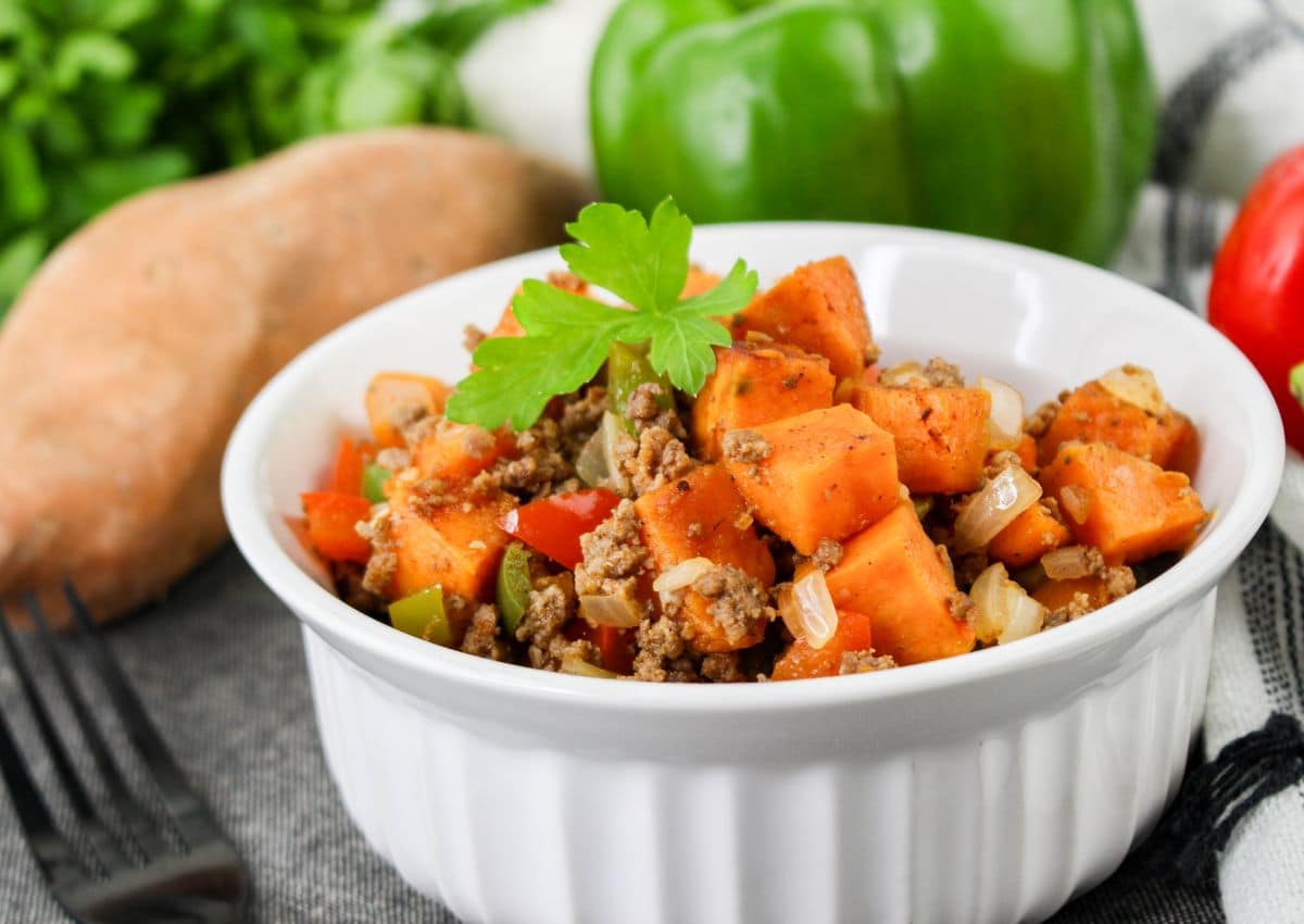 Ground Beef and Sweet Potato Hash in bowl