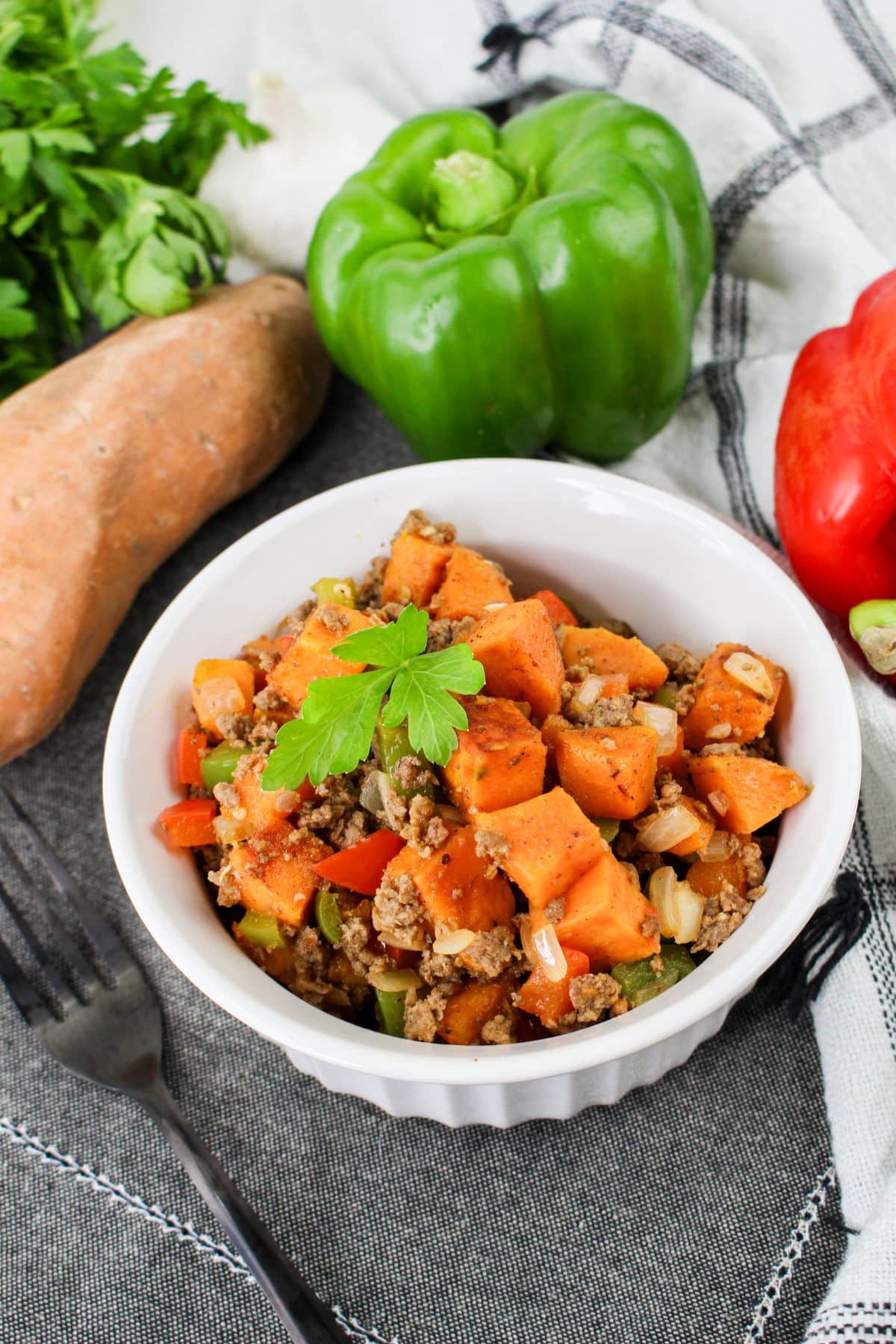 Ground Beef and Sweet Potato Hash in bowl