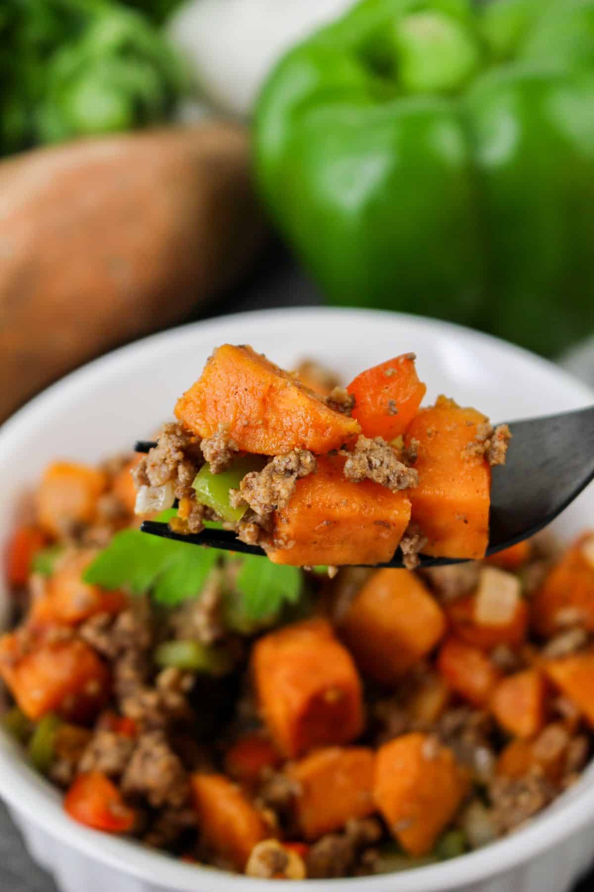 Ground Beef and Sweet Potato Hash on fork