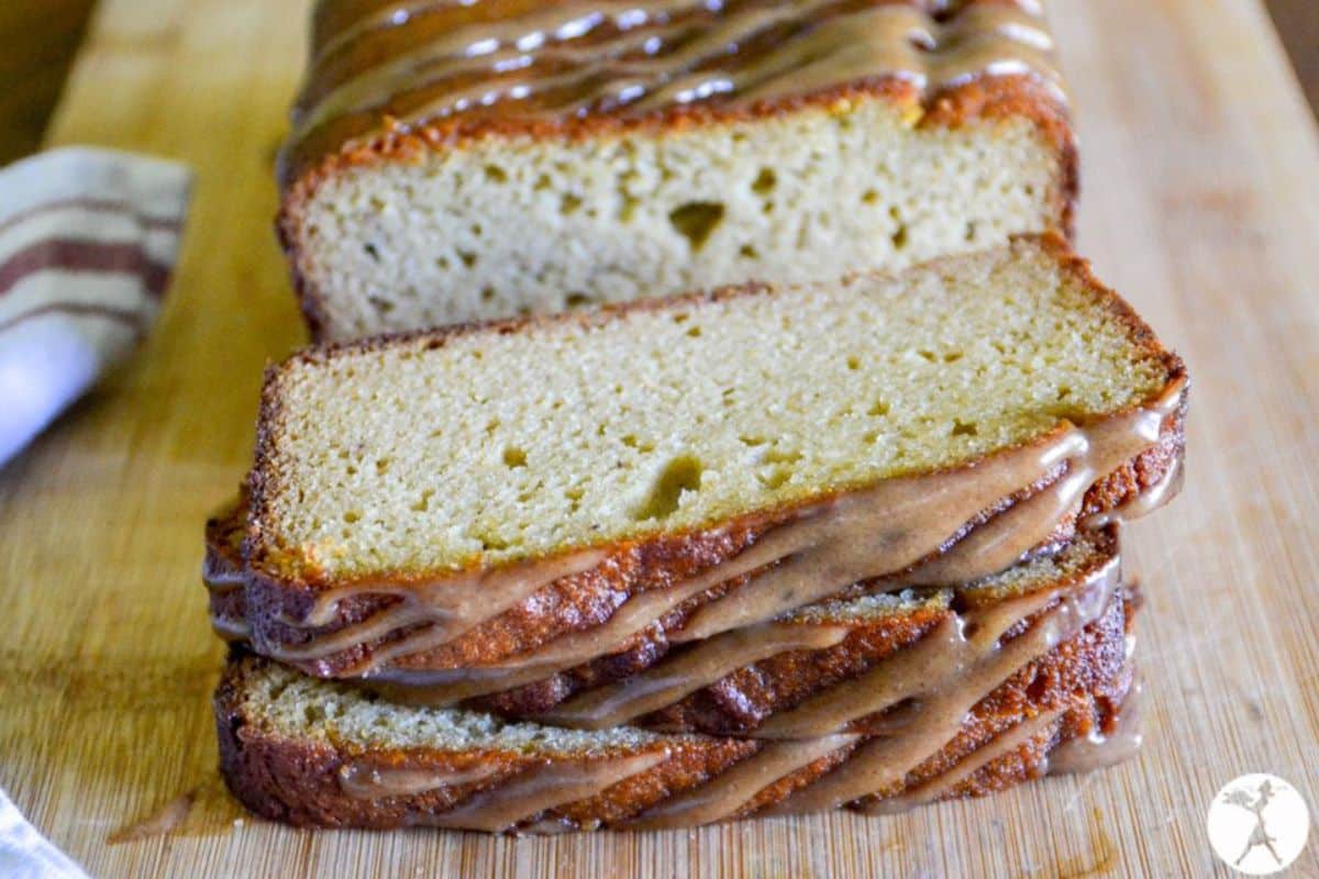 Pumpkin Sponge Cake with Caramel Glaze slices on cutting board