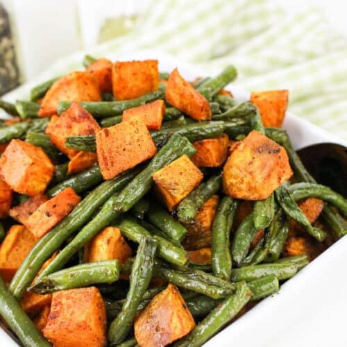 Roasted Sweet Potatoes and Green Beans in bowl